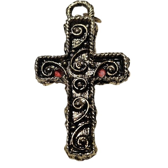 Elegant Coral Stone Cross Pendant Ornate Gold Tone Metalwork Religious Spiritual - Picture 3 of 4